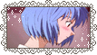 a gif stamp of ayanami rei. it is a headshot of a sideprofile from the original neon genesis evangelion anime. she is blushing slightly and looking to the right and down. the only motion in the gif is rei blinking quickly. there are white sparkle effects in the top left and bottom right corners. the stamp has a fancy black boarder consisting of a lot of thin black loops, lines, and swirles